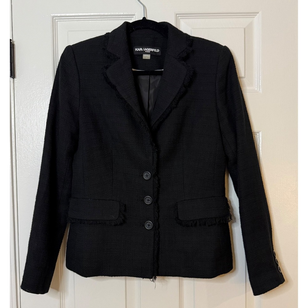 Karl Lagerfeld Paris Black Tweed Fringed Blazer Jacket Size 4